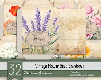 Vintage afdrukbare bloemenzaadenveloppen, elegante bloemmotieven voor tuinzaden, DIY Crafting bloemzaadpakketten, zaadenveloppen