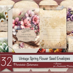 Vintage Spring Floral Seed Packet Printables, Botanical Ephemera, Antique Aesthetic Labels-Digital Junk Journal, Printable Seed Envelopes