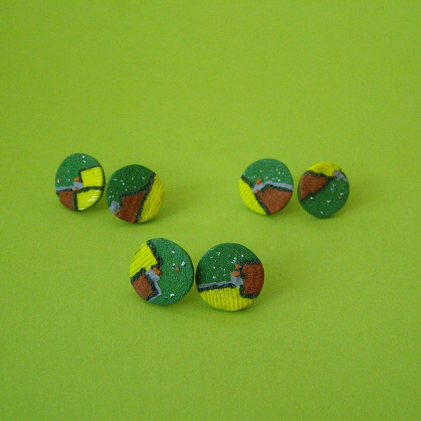Aerial view of a countryside landscape earrings- circular stud earrings, wearable sculptures made entirely with polymer clay!