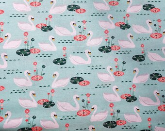 Swan Fabric: 100% Cotton, Lake & Water Plants - By The Yard