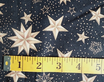 Vintage Hollytex Cotton Fabric: Black & Gold Stars, By The Yard