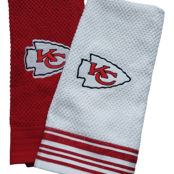 Kansas City CHIEFS  set of 2  Embroidered Tea towels  , hands towels 100% Cotton 16in x 25in Gift for Dad, sport , football team gift