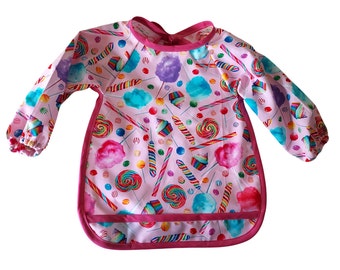 Protector clothing Bibs ,Baby , kids Long sleeve bib, Toddler bib, Baby smock , baby apron, long bibs, Birthday party  Candy Print pattern