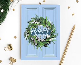 Happy Holidays Door Wreath Card | Trendy Typographic Modern Lettering | Xmas Holiday Greetings Card