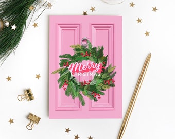 Merry Christmas Door Wreath Card | Trendy Typographic Modern Lettering | Xmas Holiday Greetings Card