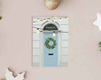 Blue Door Wreath Christmas Card | Festive House Illustration