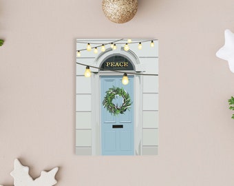 Peace Blue Christmas Door Wreath Card | Christmas House Illustration | Xmas Holiday Greetings Card