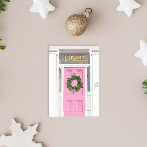 Noel Pink Christmas Door Wreath Card | Ilustracja domu na Boże Narodzenie | Karta z życzeniami świątecznymi