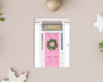 Pink Christmas Door Wreath Card | Festive House Illustration