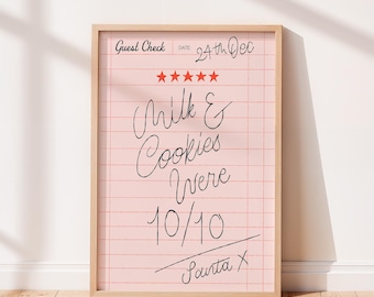 Santa Guest Check Print – Milk and Cookies 5 Star Review, Christmas Art, Giclée Holiday Poster, Kid’s Room Art