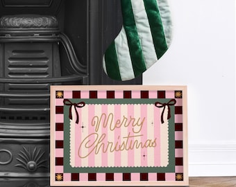 Merry Christmas Wall Art Print – Festive Giclée Poster, Holiday Season Decor, Retro Typography, Stripe and Mosaic Poster with Bow Ribbons