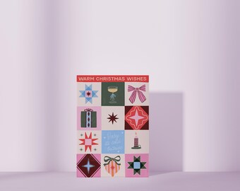 Festive Quilt Patchwork A6 Christmas Greetings Card - Plum Diamond Pattern