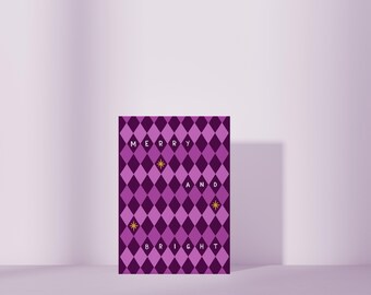 Merry and Bright A6 Christmas Greetings Card - Plum Diamond Pattern