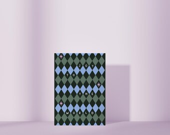 Joy to the World A6 Christmas Greetings Card - Green and Blue Diamond Pattern