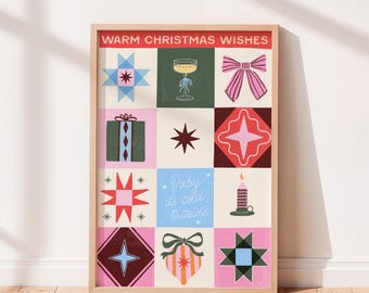 Christmas Quilted Patchwork Print – Festive Giclée Poster, Holiday Season Decor, Whimsical Girly Christmas, Midcentury Inspired Wall Art