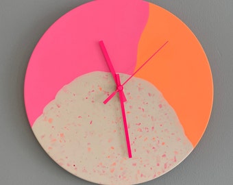 Handmade wall clock in neon pink, neon orange and terrazzo | Dopamine Decor | 32.5 cm diameter