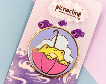 Cute Frog in an Umbrella | Whimsical Hard Enamel Pin Gold