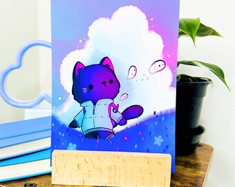 Ghost Walk Part I | Cute Purple Cat on a Walk Through a Meadow with Ghosts Artwork - Signed Borderless Giclee Art Print