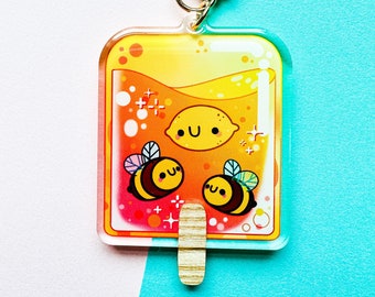 Honey Lemon Popsicle Keychain | Cute Happy Lemon and Bee Gold Clasp Keychain