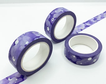 Silver Holographic Celestial Stars and Moon Washi | Illustrative Decorating Washi Tape