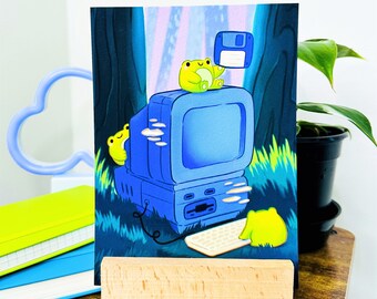 One Human's Trash Is A Frog's Treasure | Silly Cute Frogs with Desktop Computer in Forest Artwork - Signed Borderless Giclee Art Print