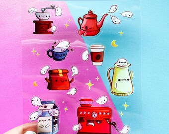 Ghost Café Stickers | Cute Silly Happy Ghost Friends and Coffee Clear Vinyl Glossy Sticker Sheet