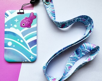 Crashing Waves and Fish Friends Lanyard with Cardholder and Silver Clasp
