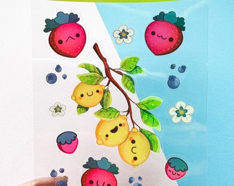 Berry Happy Stickers | Cute Silly Happy Lemon Strawberry Blueberry Friends Clear Vinyl Glossy Sticker Sheet