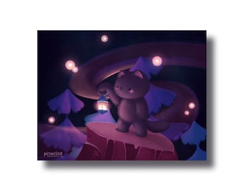 Night Adventures | Cat Adventurer with Lantern in Forest with Fireflies at Night - Signed Borderless Giclee Art Print