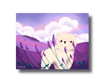 Lavender Fields | Polar Bear Wandering in Purple Lavender Fields on Windy Day - Signed Borderless Giclee Art Print