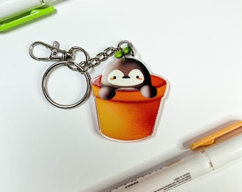 Penguin in a Flower Pot Keychain | Sprout Plant Cute Animal Acrylic Keychain Phone Charm