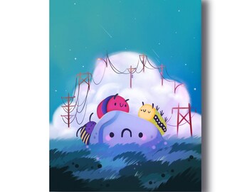 Stay Connected | Happy Bug Friends and Sad Rock with Clouds and Telephone Wires - Signed Borderless Giclee Art Print