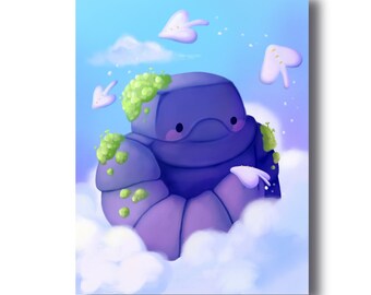 Rock Golem's Dreams | Whimsical Illustration Earth Giant Covered in Moss with Clouds and Mantas - Signed Borderless Giclee Art Print