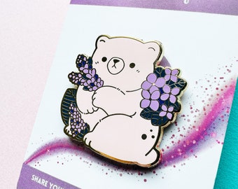 Cute Polar Bear with Lavender | Whimsical Nature Themed Hard Enamel Gold Pin