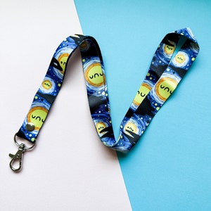 Kawaii Starry Night Celestial Cute Night Sky Themed Lanyard with Silver Clasp
