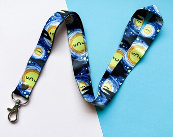 Kawaii Starry Night Celestial Cute Night Sky Themed Lanyard with Silver Clasp