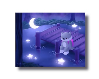 Lake Dreams | Baby Wolf Adventurer Sitting on Lake Dock with Stars and Moon - Signed Borderless Giclee Art Print