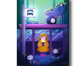 Bus Stop Company | Whimsical Illustration Cute Forest Friends and Girl at Bus Stop - Signed Borderless Giclee Art Print