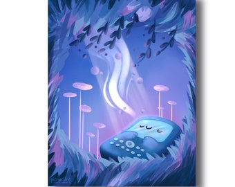 Screen Time Vacation | Whimsical Illustration Cute Happy Phone Sleeping In Forest - Signed Borderless Giclee Art Print