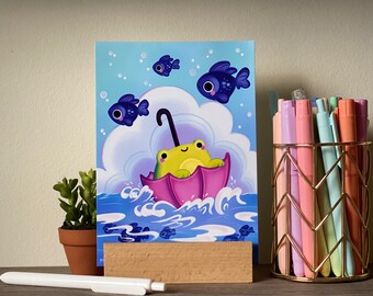 Cute Frog in Umbrella with Fishies | Whimsical Vibrant Signed Borderless Giclee Art Print