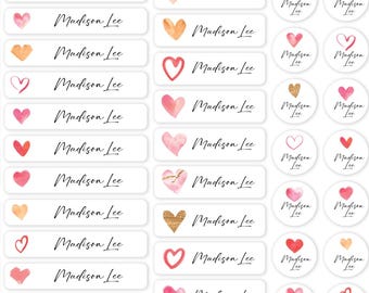 Hearts Waterproof Custom Name Labels for Kids: School & Camp Supplies (40 Labels)