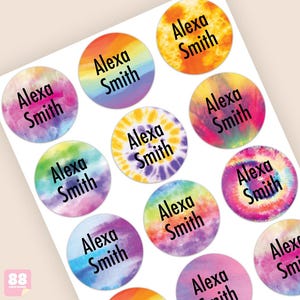 Custom Tie-Dye Name Labels – Waterproof Circle Stickers for Camp, School, Nursery & Home – Personalized Kids Labels Set of 50/100/200