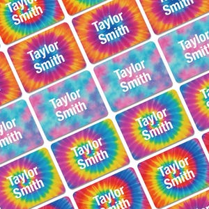 Custom Tie-Dye Name Labels – Camp Clothing Tags – Daycare School Nursery Waterproof Stickers – Kids Labels Set of 50