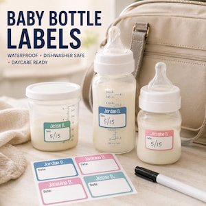 May include: Baby bottle labels with text reading BABY BOTTLE LABELS, WATERPROOF, DISHWASHER SAFE, DAYCARE READY. Includes a sheet of rectangular adhesive labels in blue and pink, applied to two baby bottles and a storage container filled with milk.