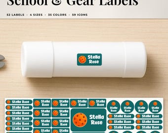 May include: A white glue stick with a rectangular teal label featuring an orange pickleball icon and the name Stella Rose. Below, a sheet of matching teal adhesive labels in various shapes and sizes, all displaying the same name and icon.