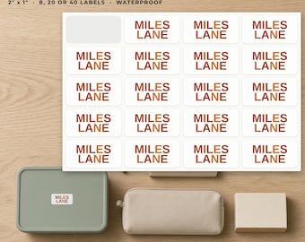May include: A sheet of rectangular white school name labels with the text MILES LANE printed in brown. The sheet includes 20 labels, each measuring 2 inches by 1 inch. A green lunch box, a beige pencil case, and a small box are shown.