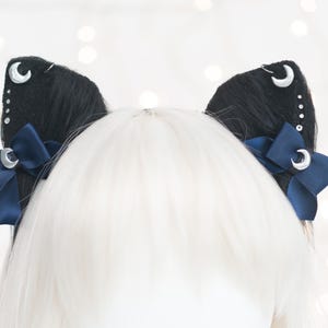 Midnight Moon Cat Ears: Black Faux Fur, Silver Hoops, Anime Cosplay