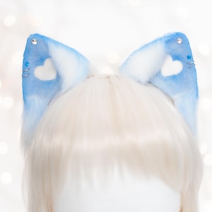 Blue Faux Fur Cat Ears: Anime Cosplay with Silver Hoops