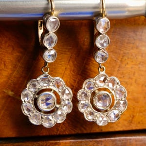 Victorian, 18ct Gold & Silver, Rose Cut Diamond Daisy Cluster, Drop Earrings
