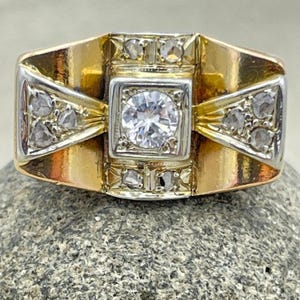 1940's, 18ct Gold & Platinum, Diamond Cocktail Tank Ring, Retro Period Ring